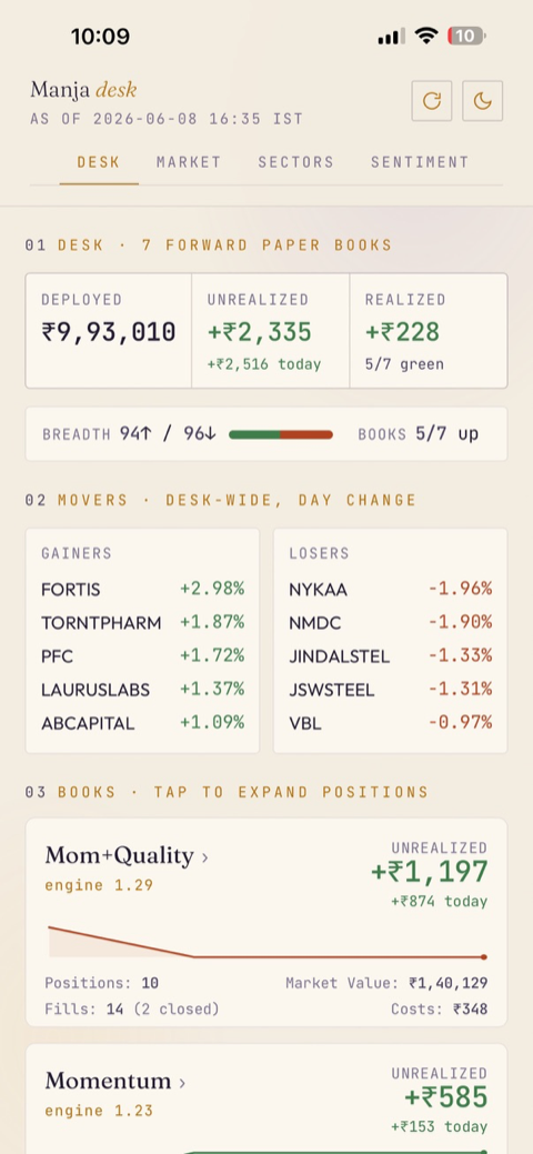 Manja — desk view with seven forward paper books, versioned strategy engines, and daily marks